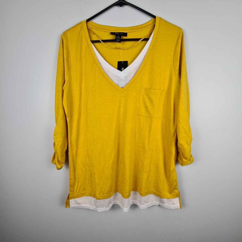 STYLE & Co Women's White Hem Rouched Sleeve Top Undershirt M V-Neck Yellow